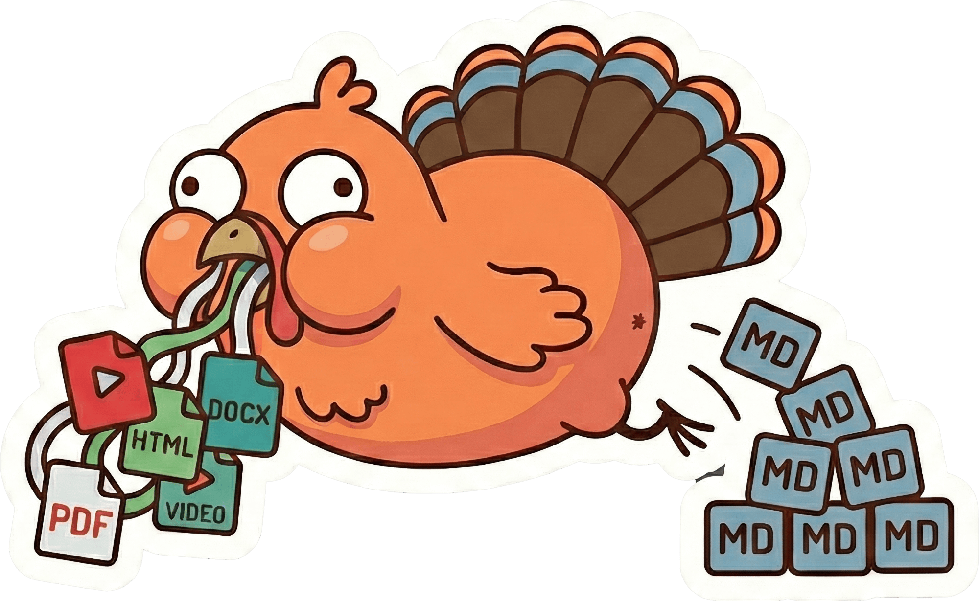 Gobby the turkey mascot consuming PDF, HTML, DOCX, and VIDEO files, outputting clean MD blocks