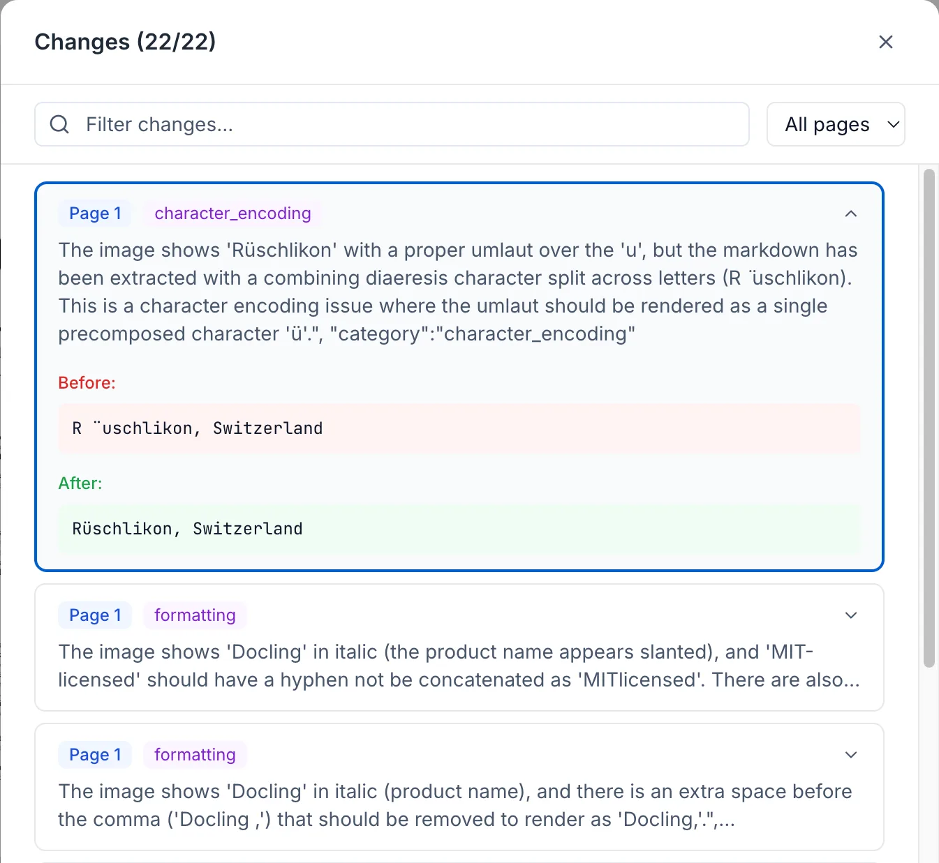 Equalify Reflow change ledger showing a character encoding correction with before and after text.