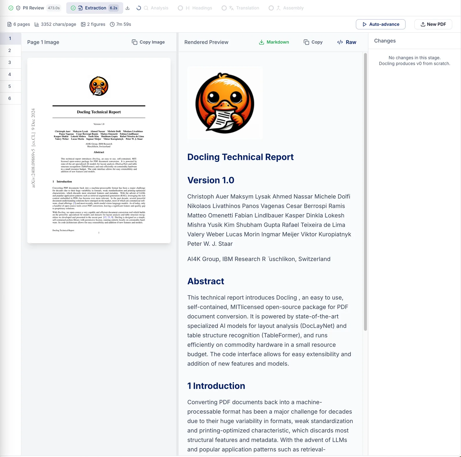 Equalify Reflow interface showing a source PDF page beside rendered semantic markdown preview and pipeline stage controls.