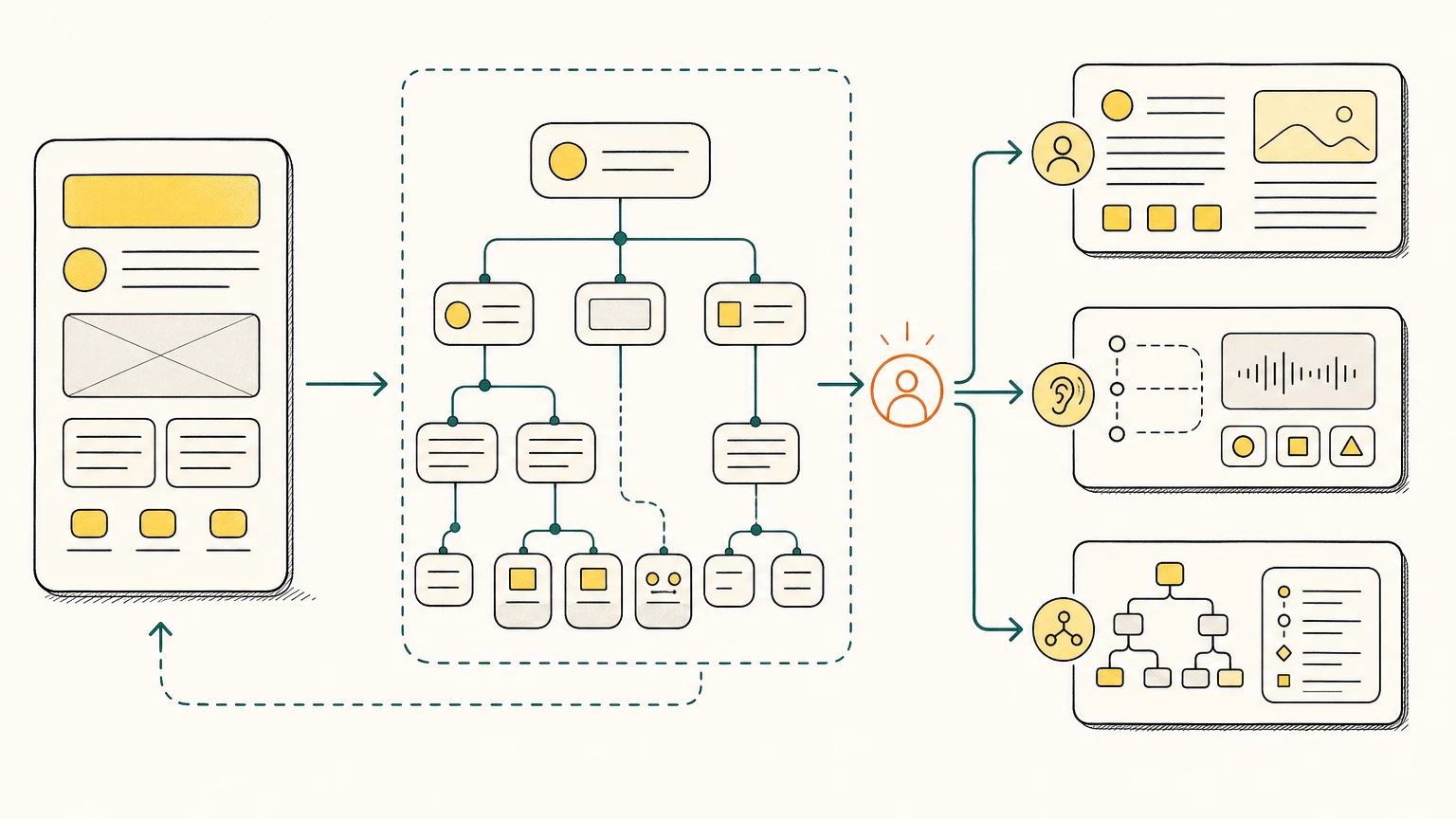 A systems diagram showing semantic markup feeding screen reader, browser, and agent parsing paths with POUR nodes and a human review checkpoint.