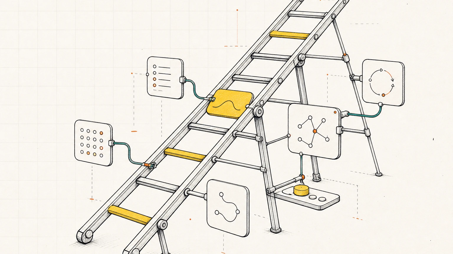A field-note diagram of a ladder reaching toward a yellow sun while prompts, patterns, automations, systems, and agency markers connect to its rungs.