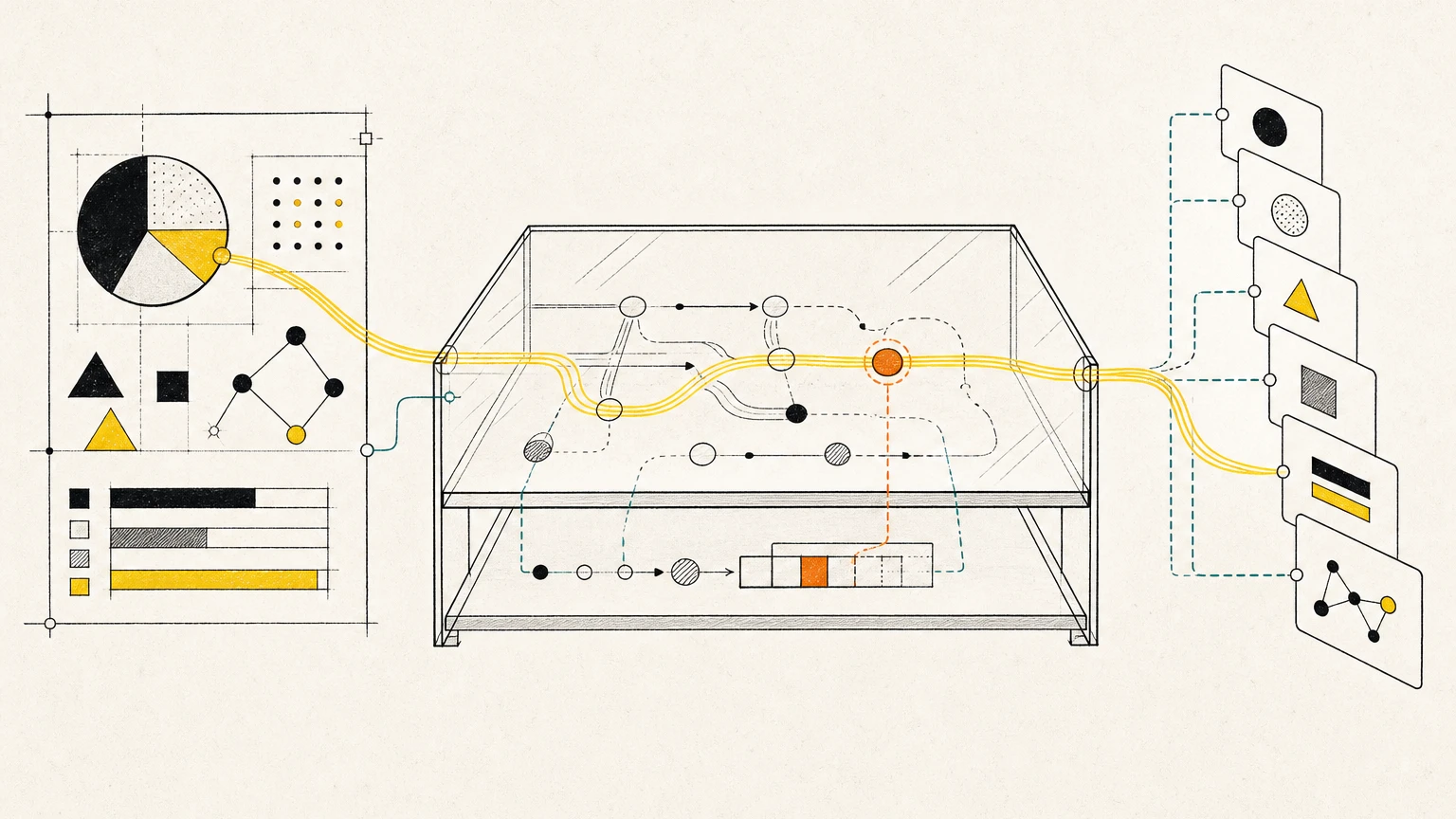 A translation schematic moving meaning from a visual chart framework through a reviewable translator into a sequential semantic framework.