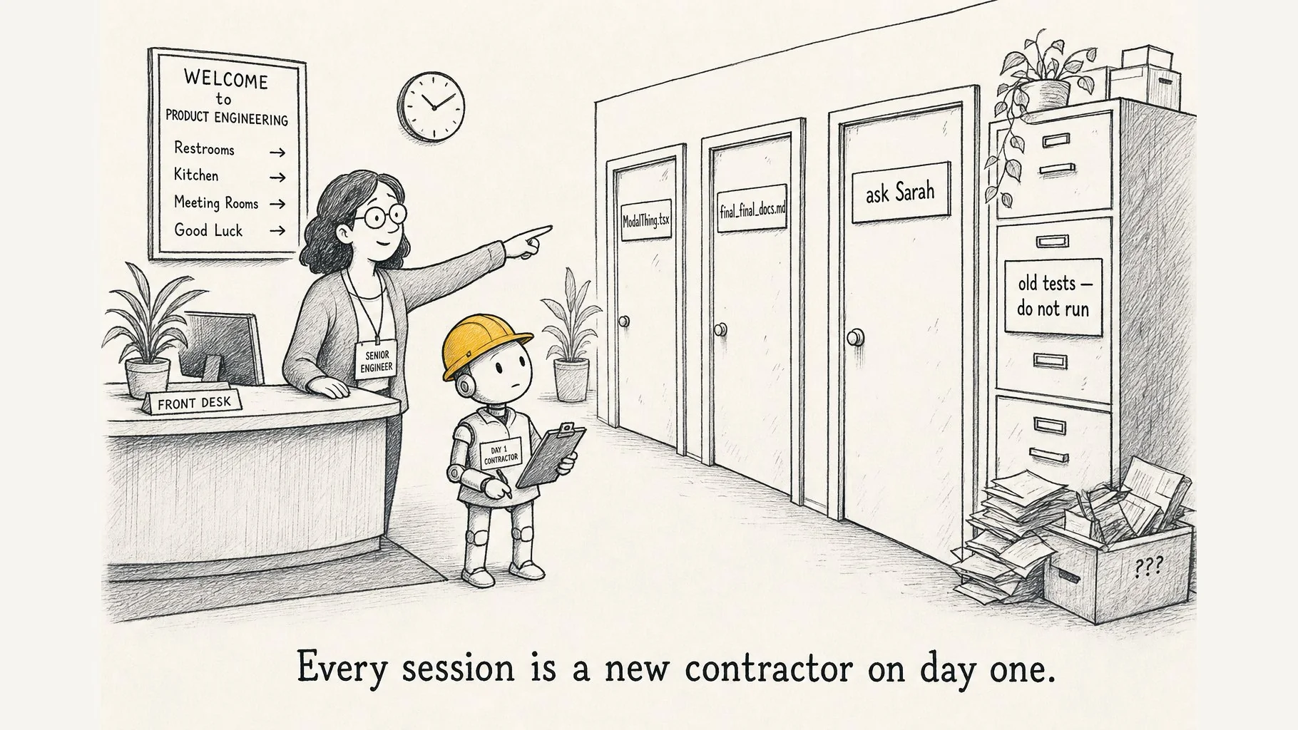 Each agent session starts like a new contractor with no inherited team memory. Full text alternative follows.
