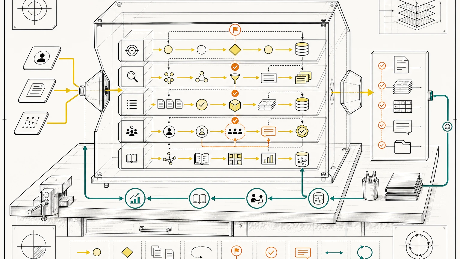 A glass-box workbench diagram showing input, decision tree, evidence trail, human review, and procedure connected through an auditable workflow.